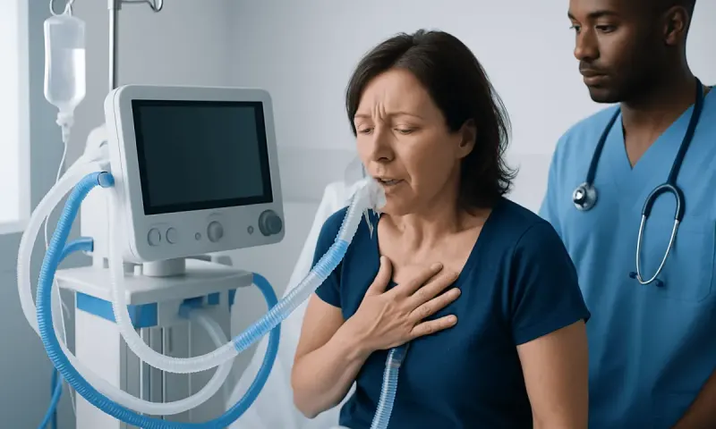Patient receiving respiratory support in hospital with medical staff present.