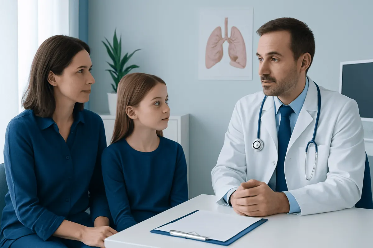Pediatric patient with parents consulting a doctor about lung health.