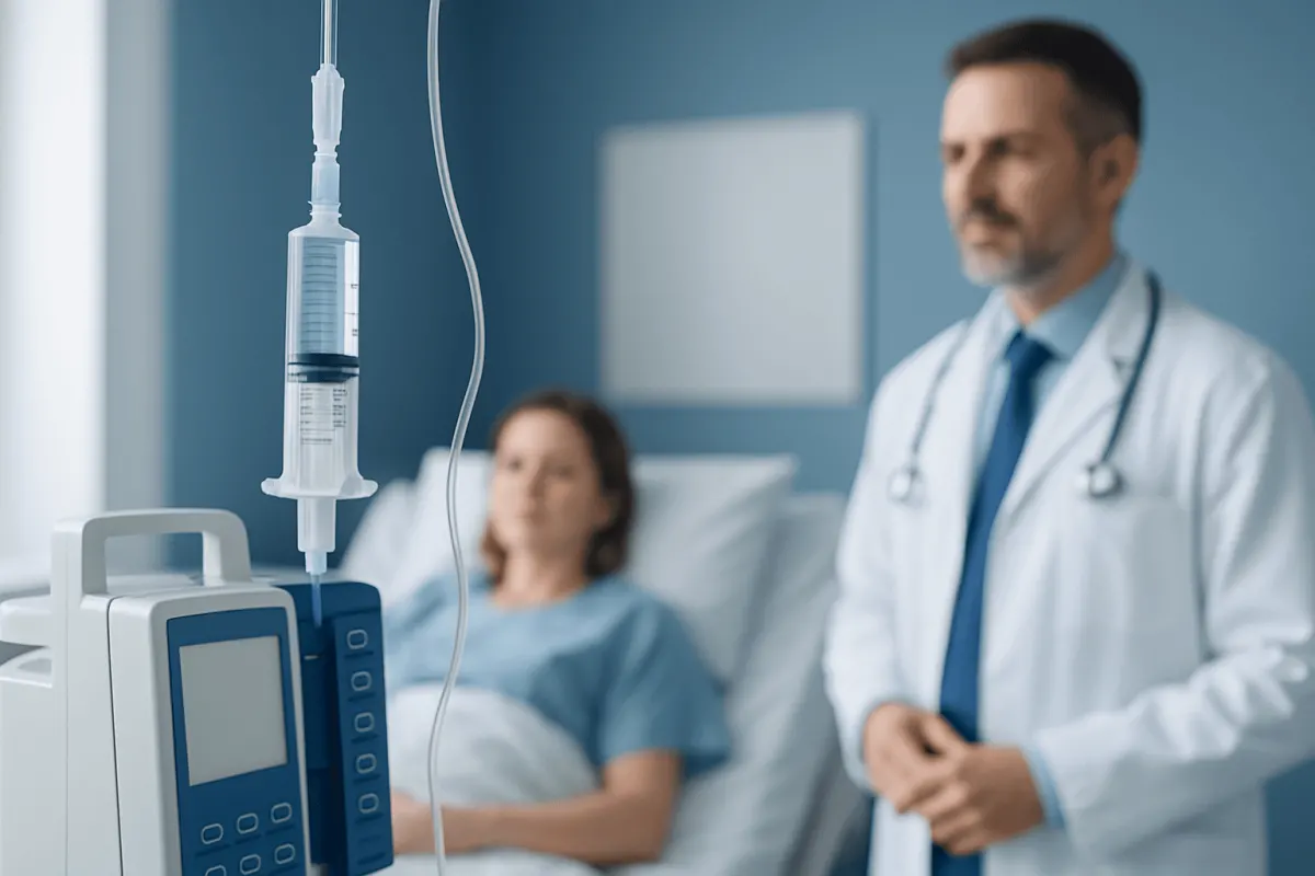 Doctor and patient in hospital room with IV drip and medical equipment.