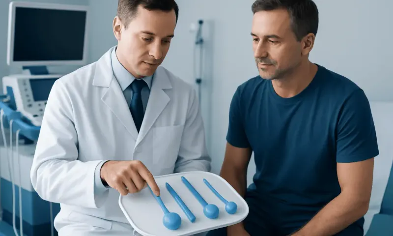 Urologist explaining penile implant options to patient in clinic setting.