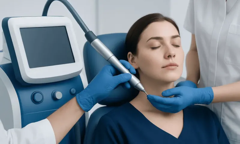 Woman receiving a cosmetic facial treatment with advanced equipment at a clinic.