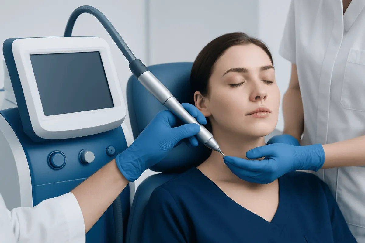 Woman receiving a cosmetic facial treatment with advanced equipment at a clinic.