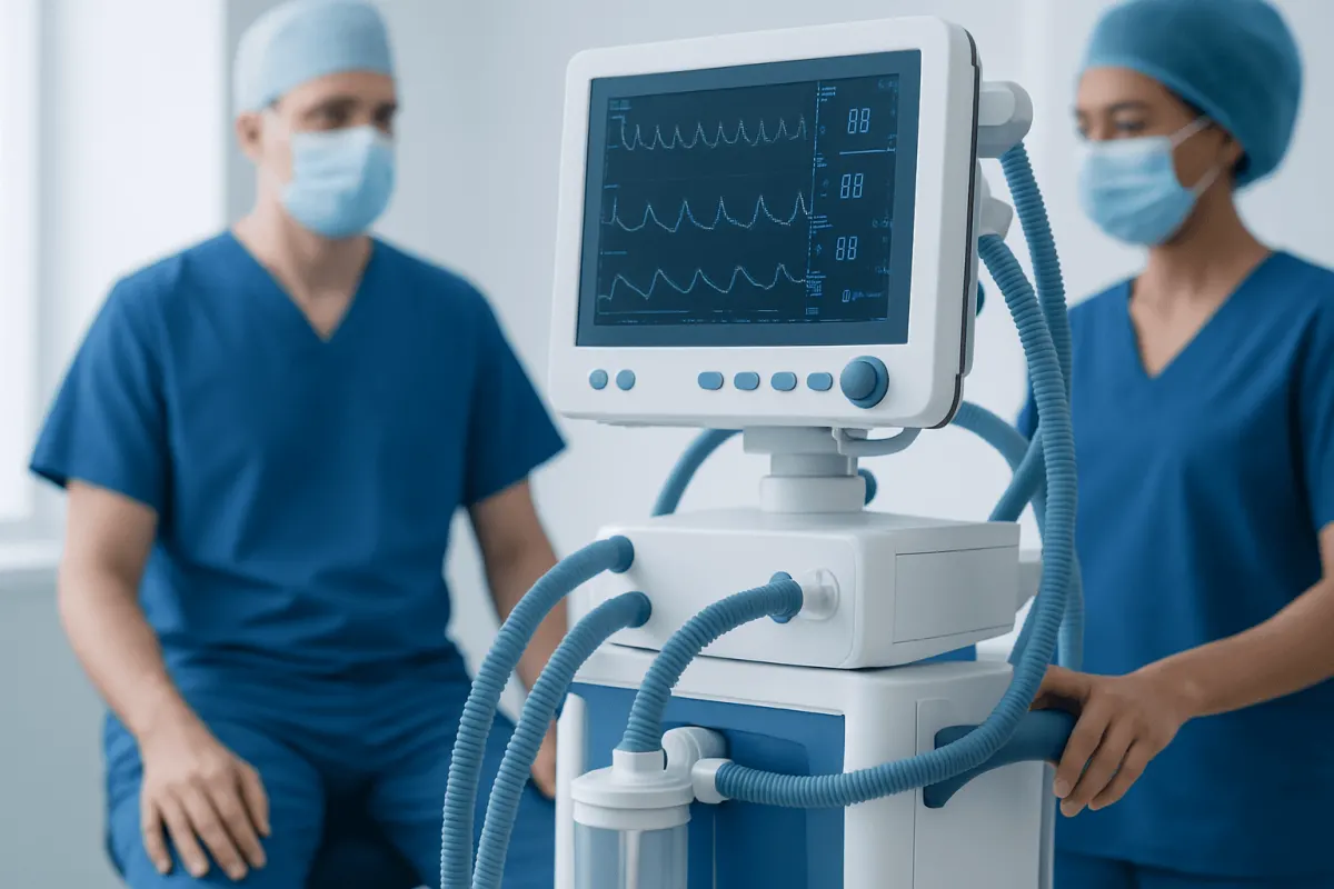 Medical professionals monitoring patient vital signs with a ventilator in a hospital.