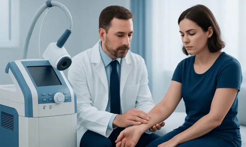 Doctor examining patient's skin with medical device in clinic.
