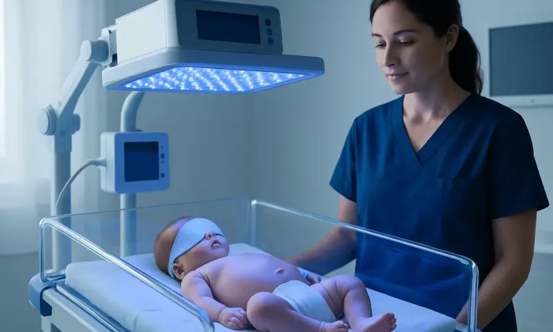 Newborn under blue light therapy for jaundice treatment in hospital.