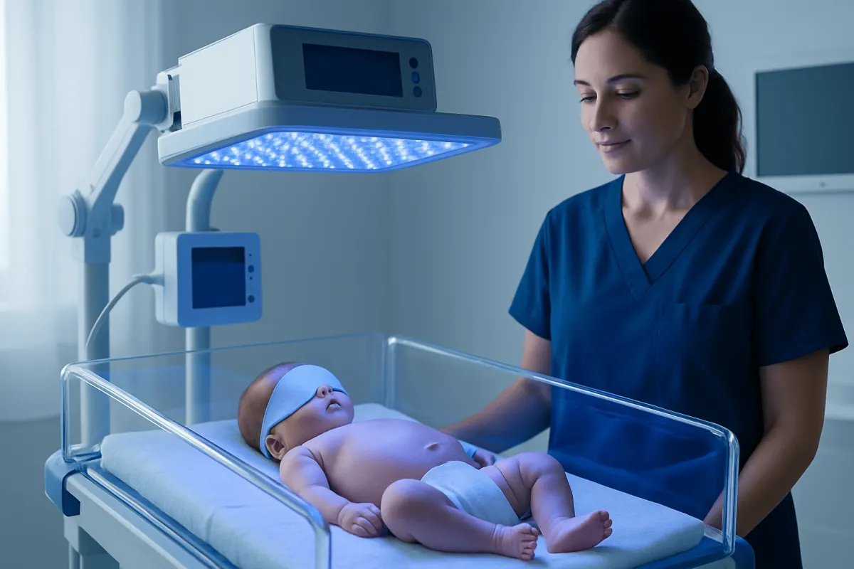 Newborn under blue light therapy for jaundice treatment in hospital.
