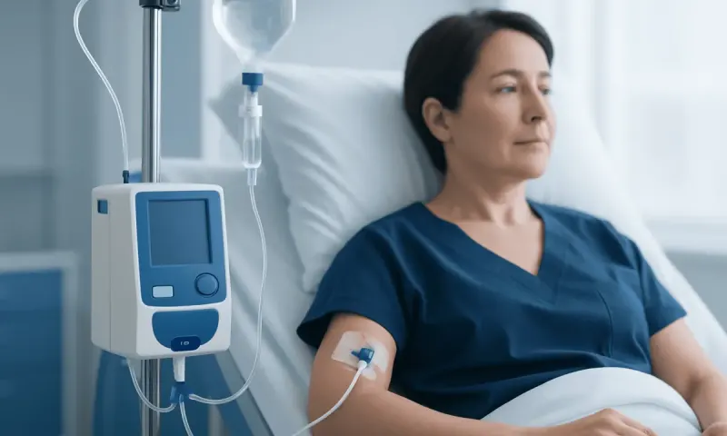 Patient receiving IV therapy with medical equipment in hospital room.
