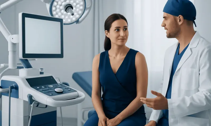 Doctor consulting a patient in a modern medical examination room.