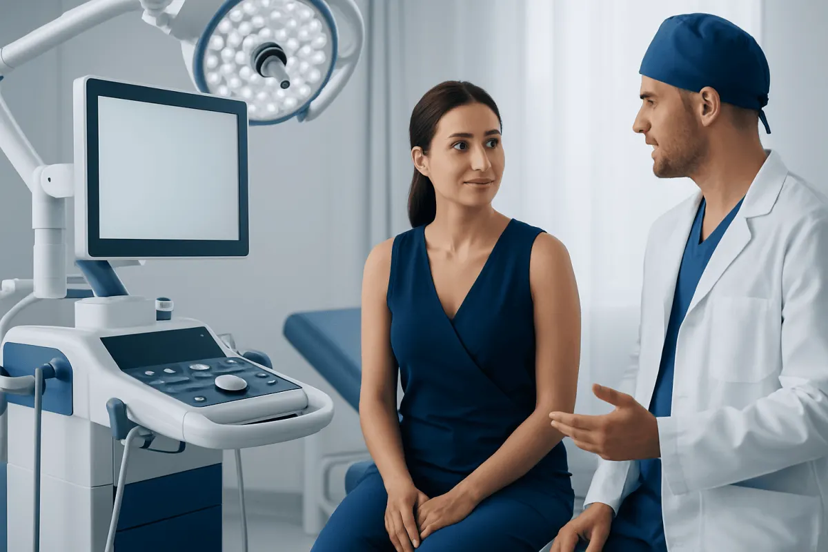 Doctor consulting a patient in a modern medical examination room.