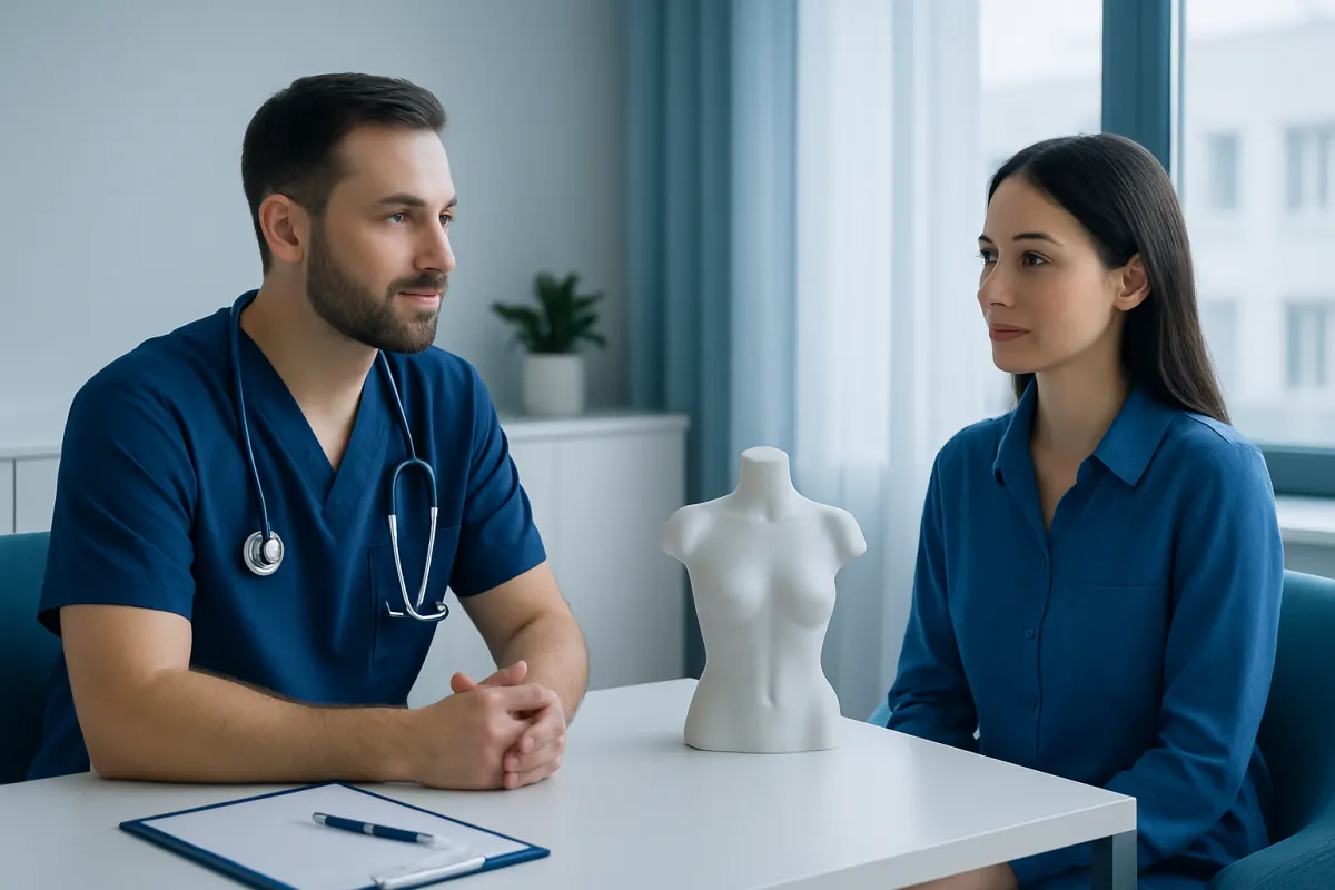 Medical consultation with a plastic surgeon and patient in clinic setting.