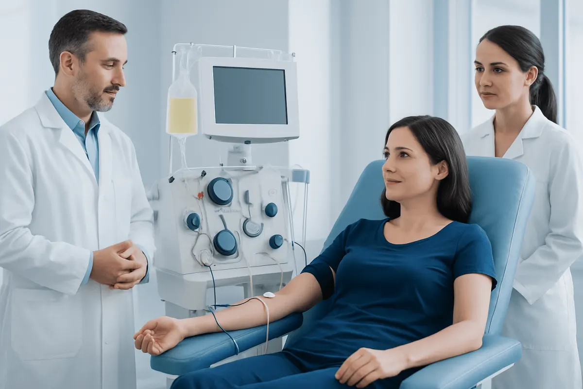Medical professionals monitoring a patient during a blood test at Acibadem Hospital.