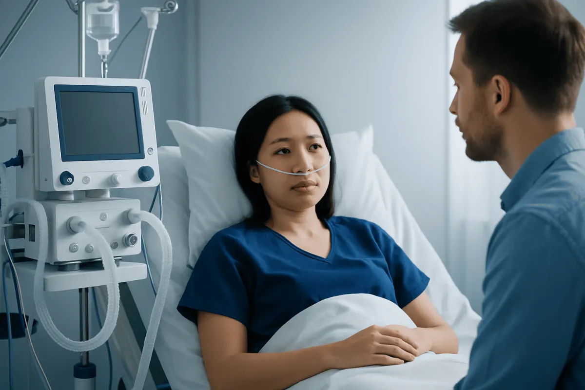 Young patient in hospital bed talking to doctor about pneumonia treatment.