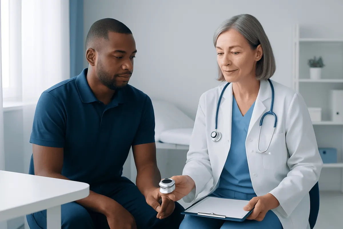 Doctor explaining medical device to patient in clinic setting.