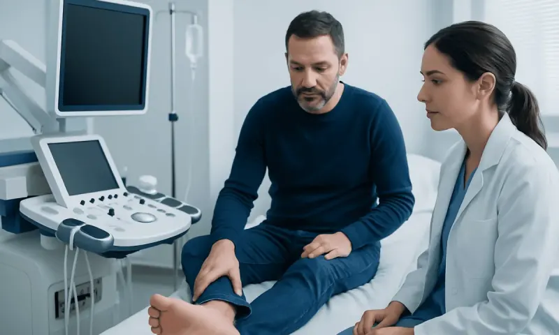 Doctor examines patient's foot in a medical clinic setting.
