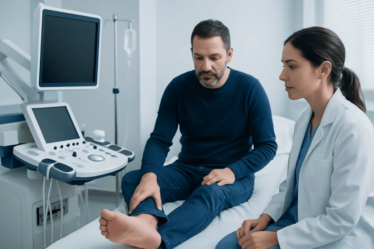 Doctor examines patient's foot in a medical clinic setting.