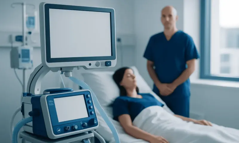 Hospital room with patient and medical equipment for respiratory support.