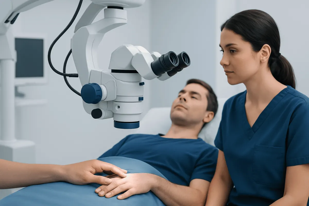 Surgeon performing a delicate procedure using a surgical microscope on a patient.