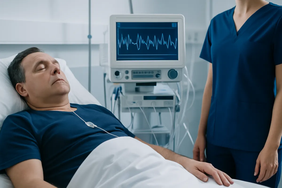 Patient in hospital bed with medical monitor and healthcare professional nearby.