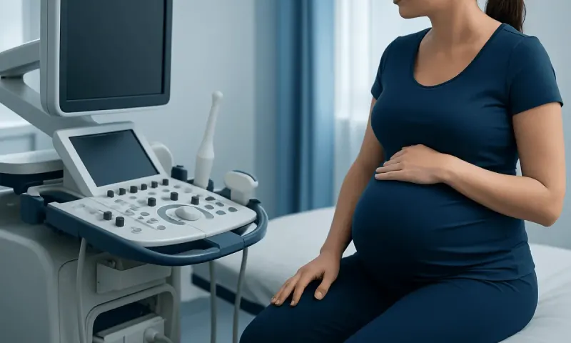 Pregnant woman undergoing an ultrasound examination in a medical clinic.