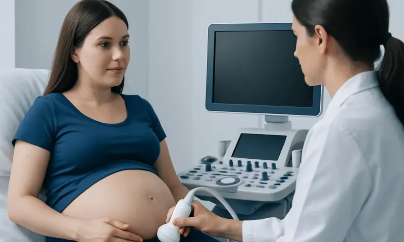 Pregnant woman undergoing ultrasound examination in a medical clinic.