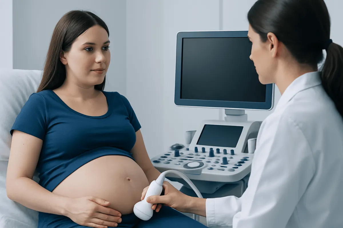 Pregnant woman undergoing ultrasound examination in a medical clinic.