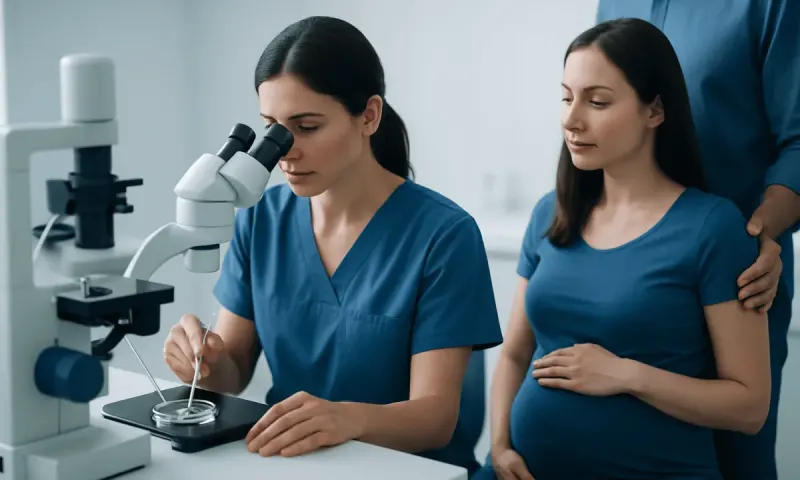 Medical professionals conducting fertility research with a microscope.