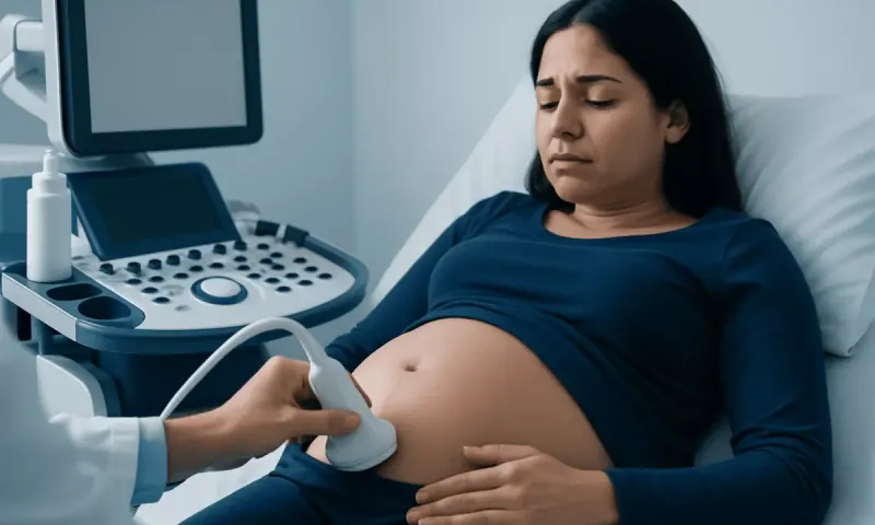 Pregnant woman undergoing ultrasound examination at hospital.