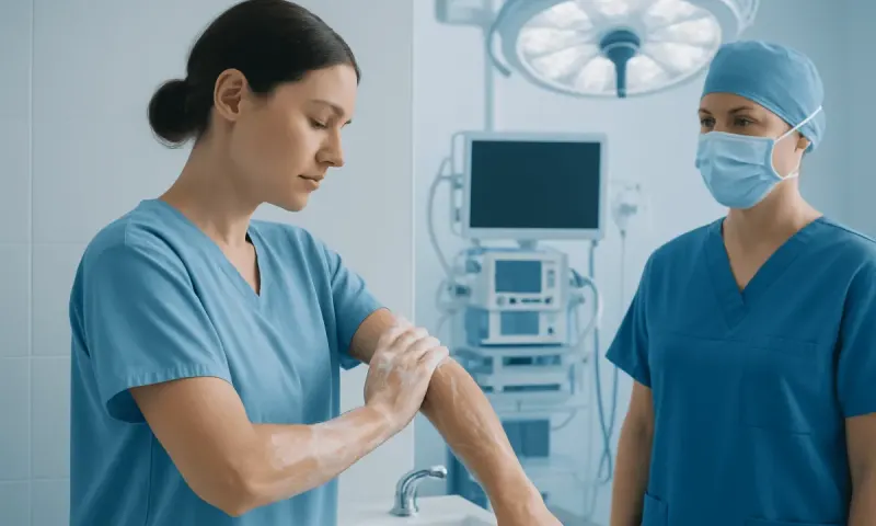 Nurse applying disinfectant soap before surgery in operating room.
