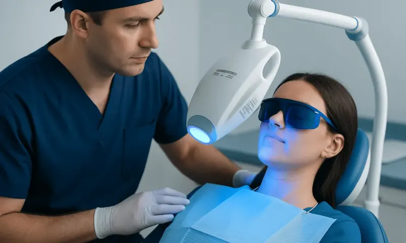Dental professional performing teeth whitening treatment in clinic.