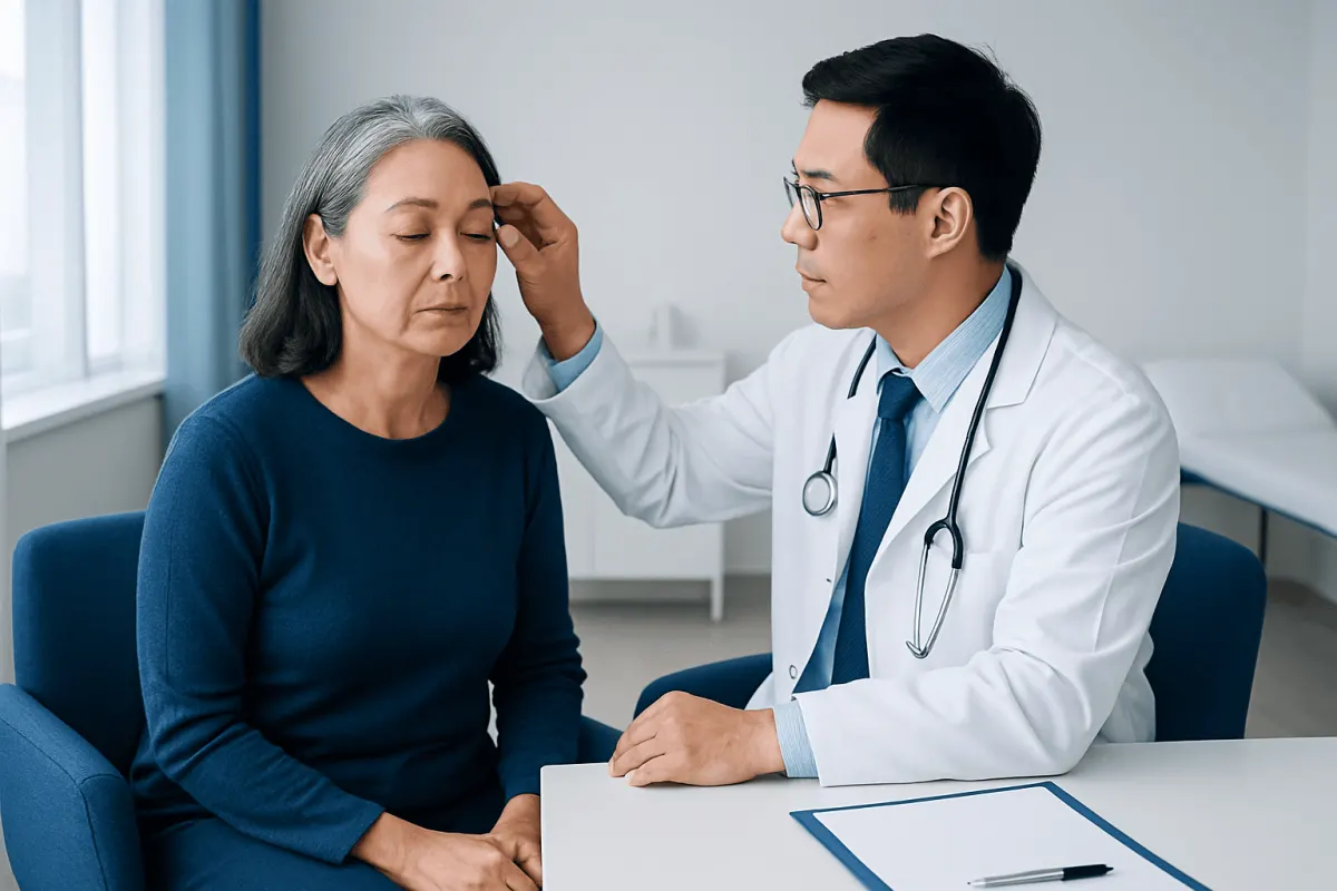 Doctor examining elderly woman's eyelid in a consultation room.