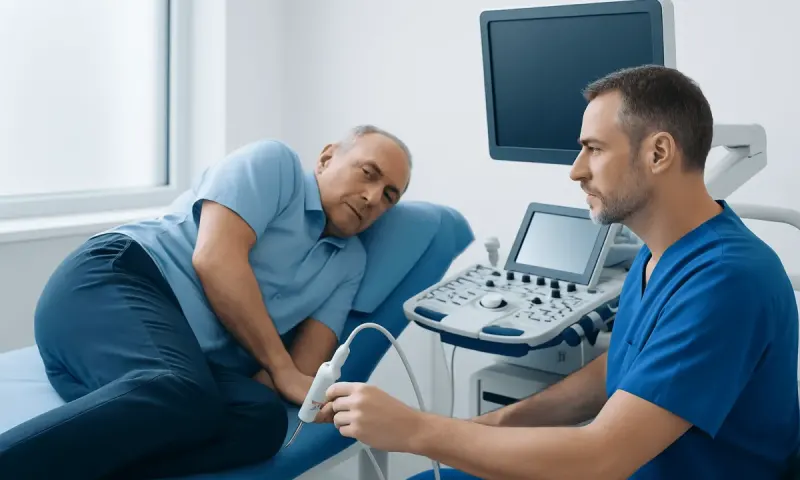 Urologist performs prostate ultrasound on patient in clinic.