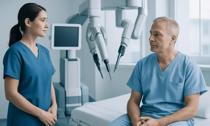 Urologist and patient discussing prostate surgery in a modern clinic.