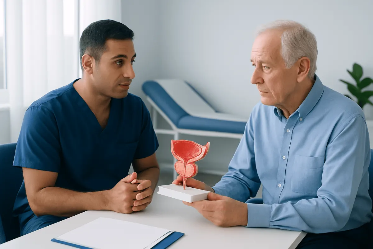 Urologist explaining prostate model to senior patient in consultation room.
