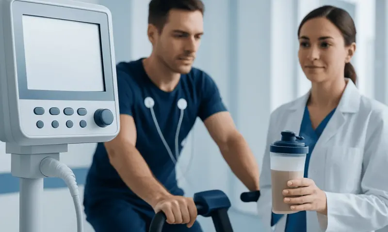 Medical professional with patient on exercise bike at Acibadem Hospital.