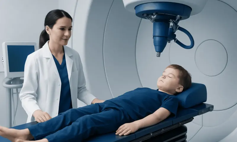 Child undergoing proton therapy in a hospital MRI machine with medical staff present.