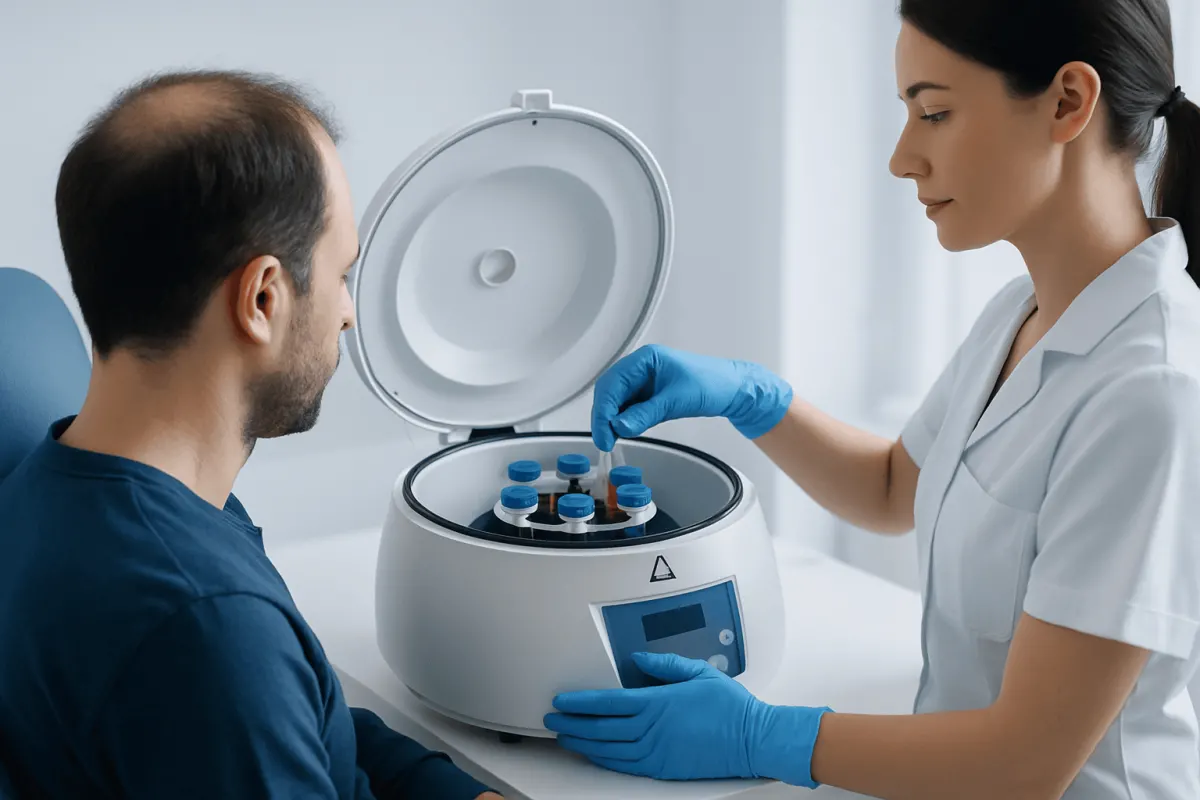 Medical professional preparing PRP samples for hair therapy treatment.