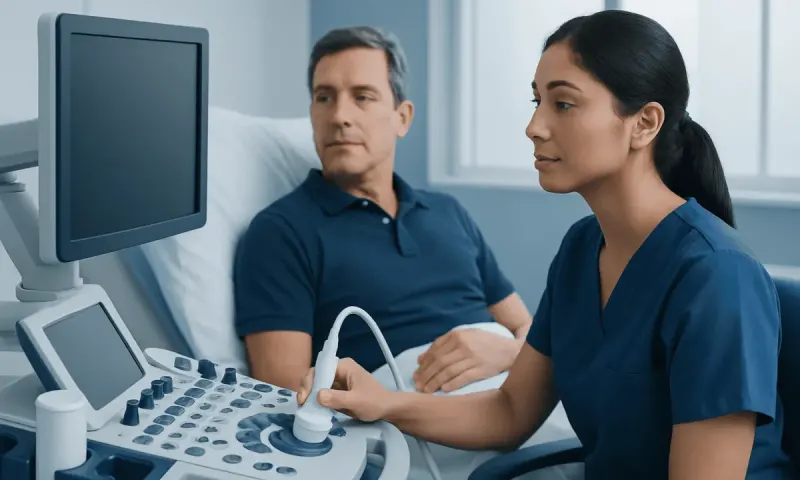 Medical professional performing an ultrasound examination on a patient in a hospital room.