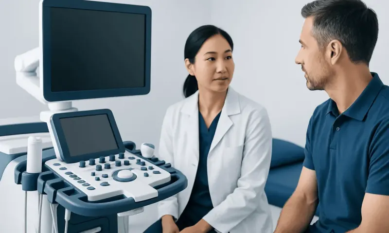 Doctor and patient discussing heart ultrasound in clinic.