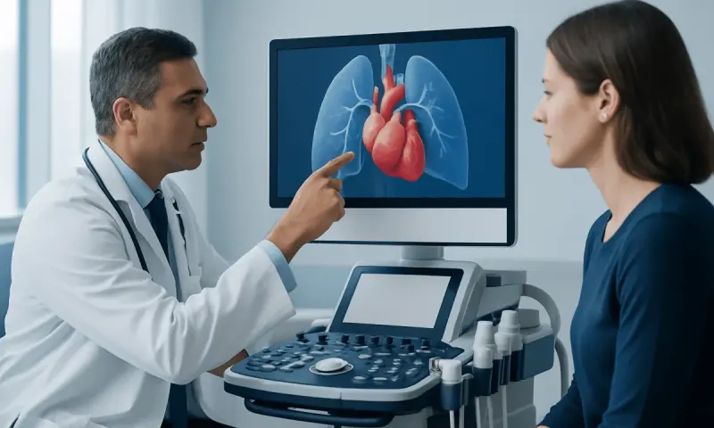 Doctor explaining heart and lung diagram on ultrasound monitor to patient.