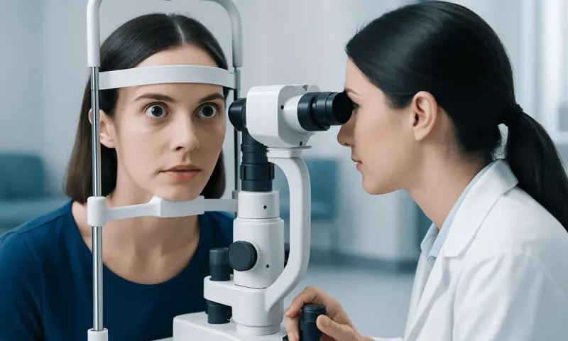 Optometrist examining patient's eyes with slit lamp in clinic.