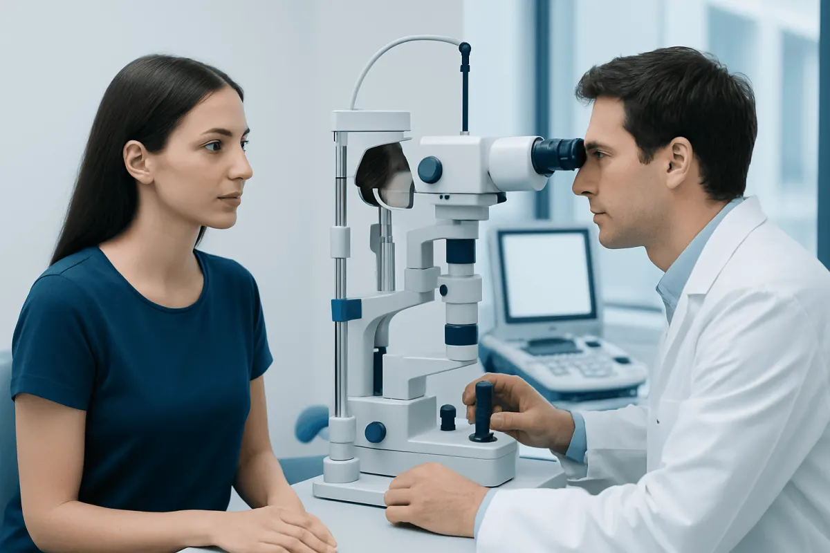 Optometrist examines patient's eyes with slit lamp in clinic.