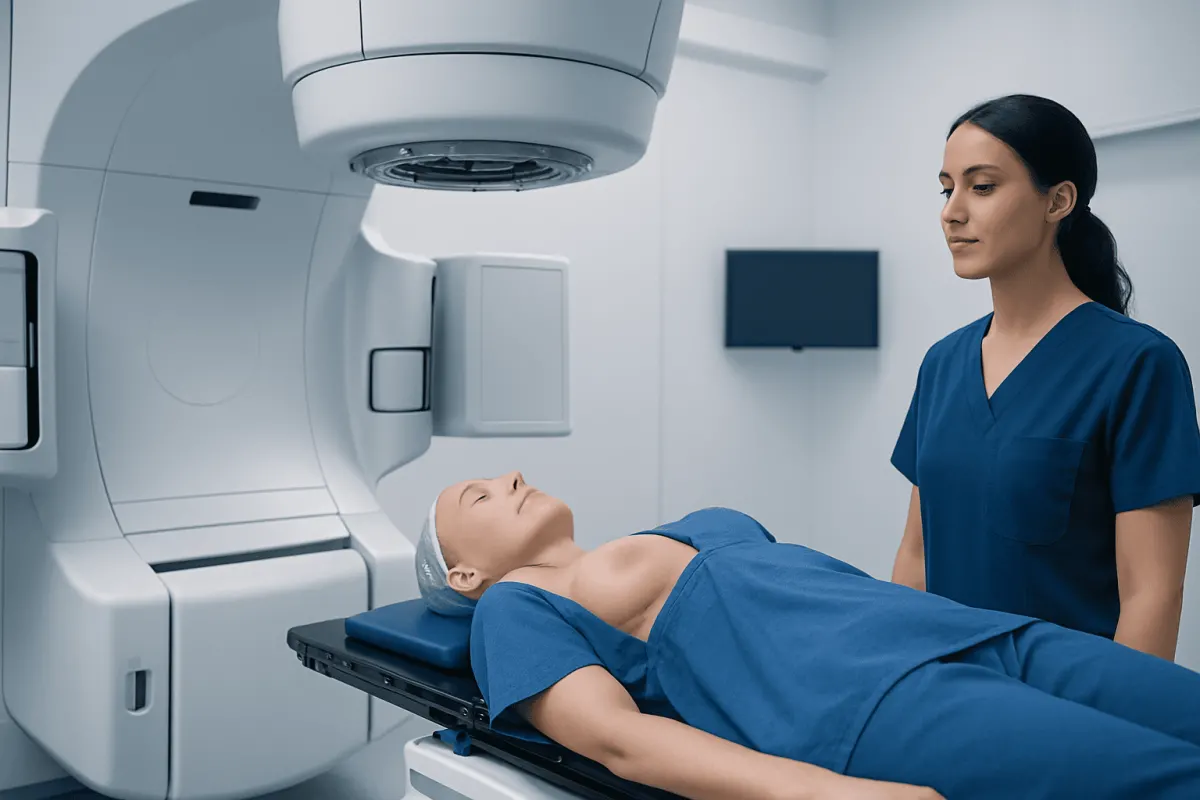 Medical professional prepares patient for radiation therapy in a modern clinic.