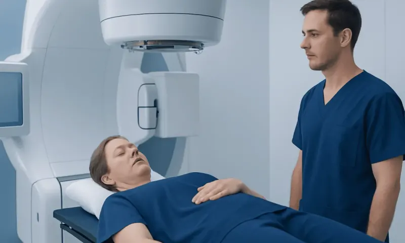 Patient undergoing radiation therapy in a medical facility.