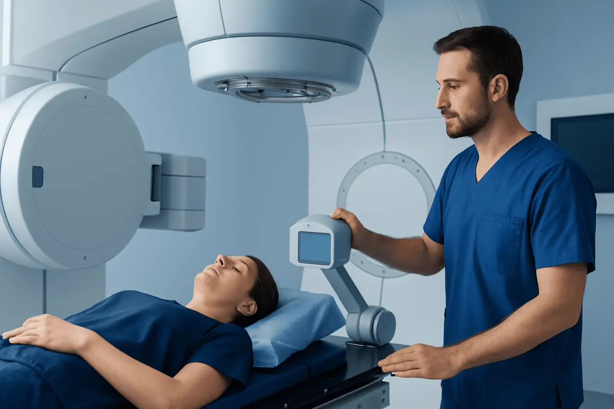 Radiation therapy session at Acibadem Hospital with medical staff and patient.