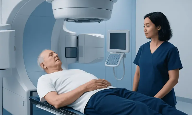Patient undergoing radiation therapy in a modern medical facility.