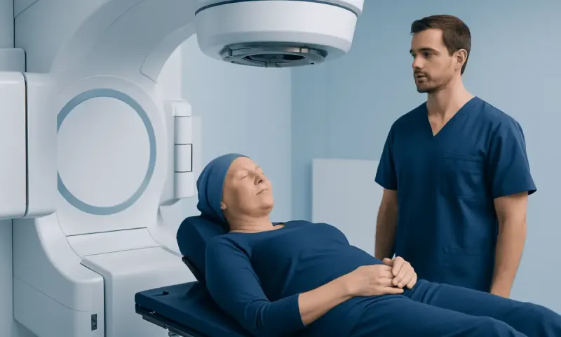 Patient undergoing radiotherapy treatment in a hospital setting.