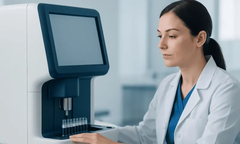 Laboratory technician operating diagnostic testing equipment in a medical lab.