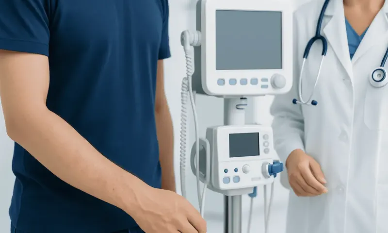 Doctor and patient in a medical examination room with monitoring equipment.