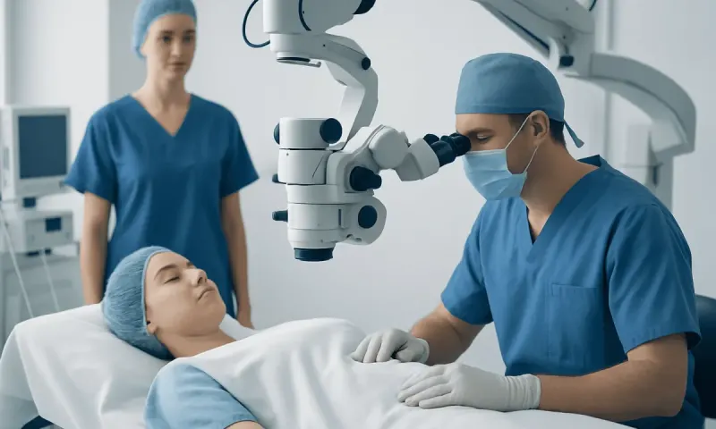 Surgeon performing reconstructive surgery with advanced microscope equipment.