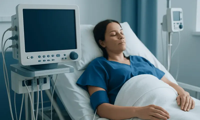 Patient resting in hospital bed after cesarean surgery with medical monitors nearby.